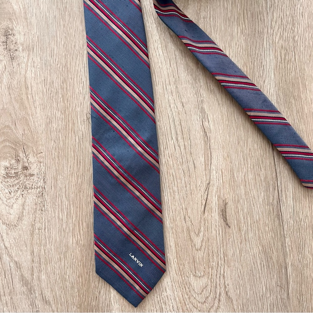 LANVIN PARIS Tie Pure Silk Gray Red Pink Strips Lanvin Icon‎ Pattern France Made